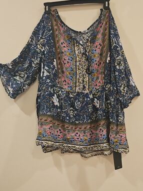 SHEIN Navy Floral Lace-Up Peasant Tunic with Pink Border
